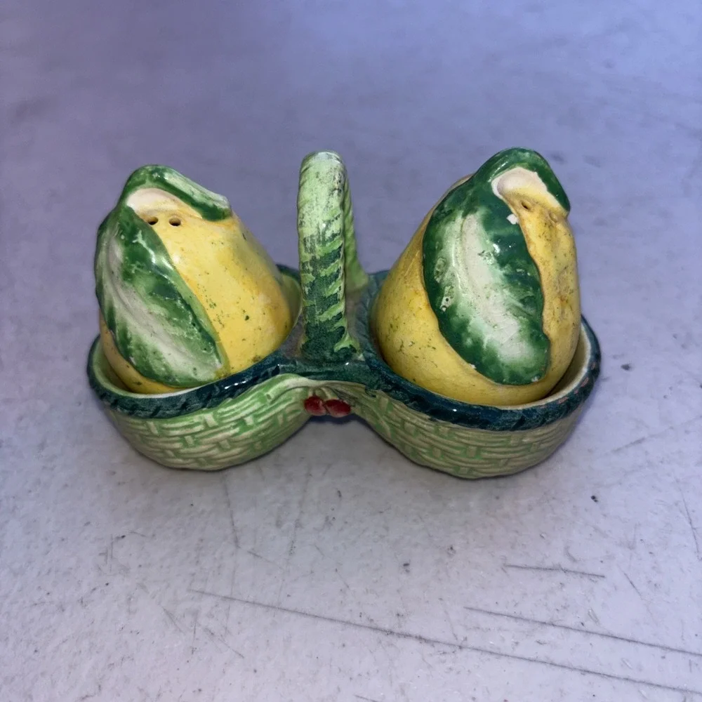 Vintage S&P Set 2 Pears in Basket Yellow Green Occupied Japan
